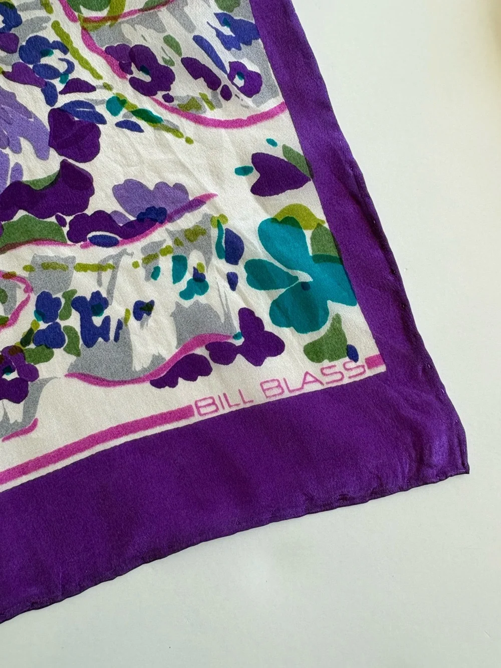 Vintage 1970s Bill Blass Silk Rectangular Scarf Purple Floral Classic Boho